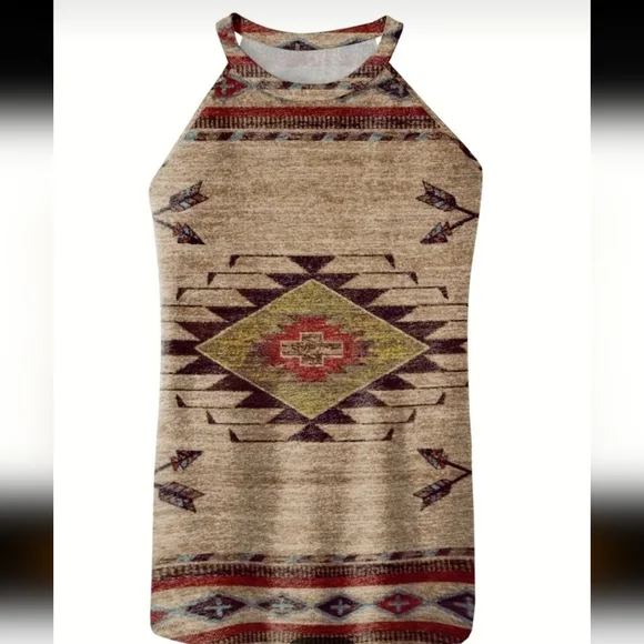 Aztec Print Crew Neck Vest, Vintage Sleeveless Summer Vest, Women's Clothing - Picture 2 of 3